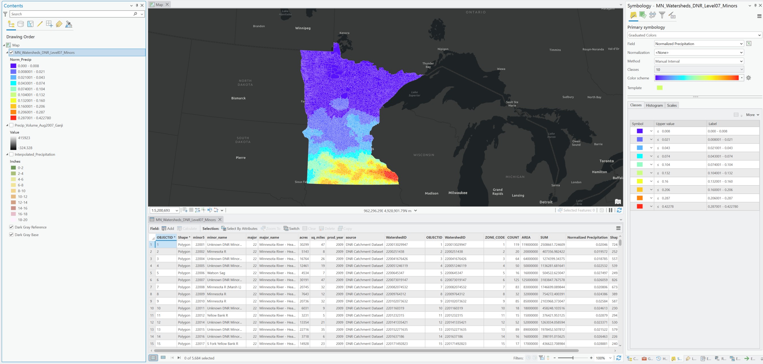Map of Minnesota showing normalized precipitation (m³/m²) by Level-07 minor watershed for August 2007 rainfall